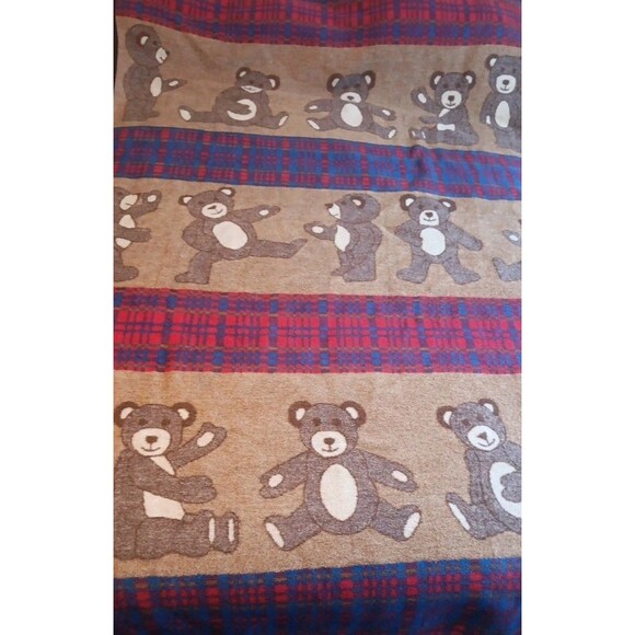 VTG San Marcos Blanket 56x86 Teddy Bear Animal Plaid Brown Red Blue Cottagecore - Picture 5 of 8
